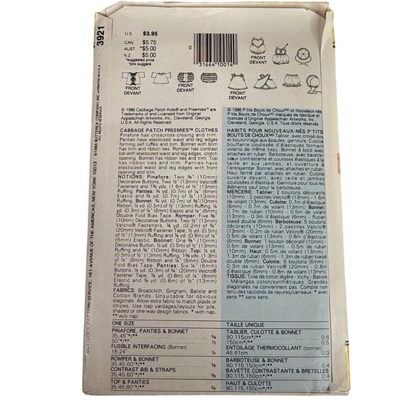 Butterick 3921 Cabbage Patch Kids Doll Preemie Clothes Sewing Pattern Romper Hat - Picture 6 of 6